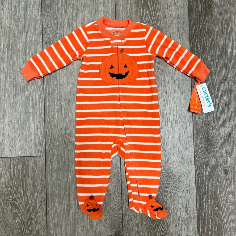 CARTERS FLEECE PUMPKIN HALLOWEEN ZIP UP FOOTED SLEEPER ORANGE 6MO NWT